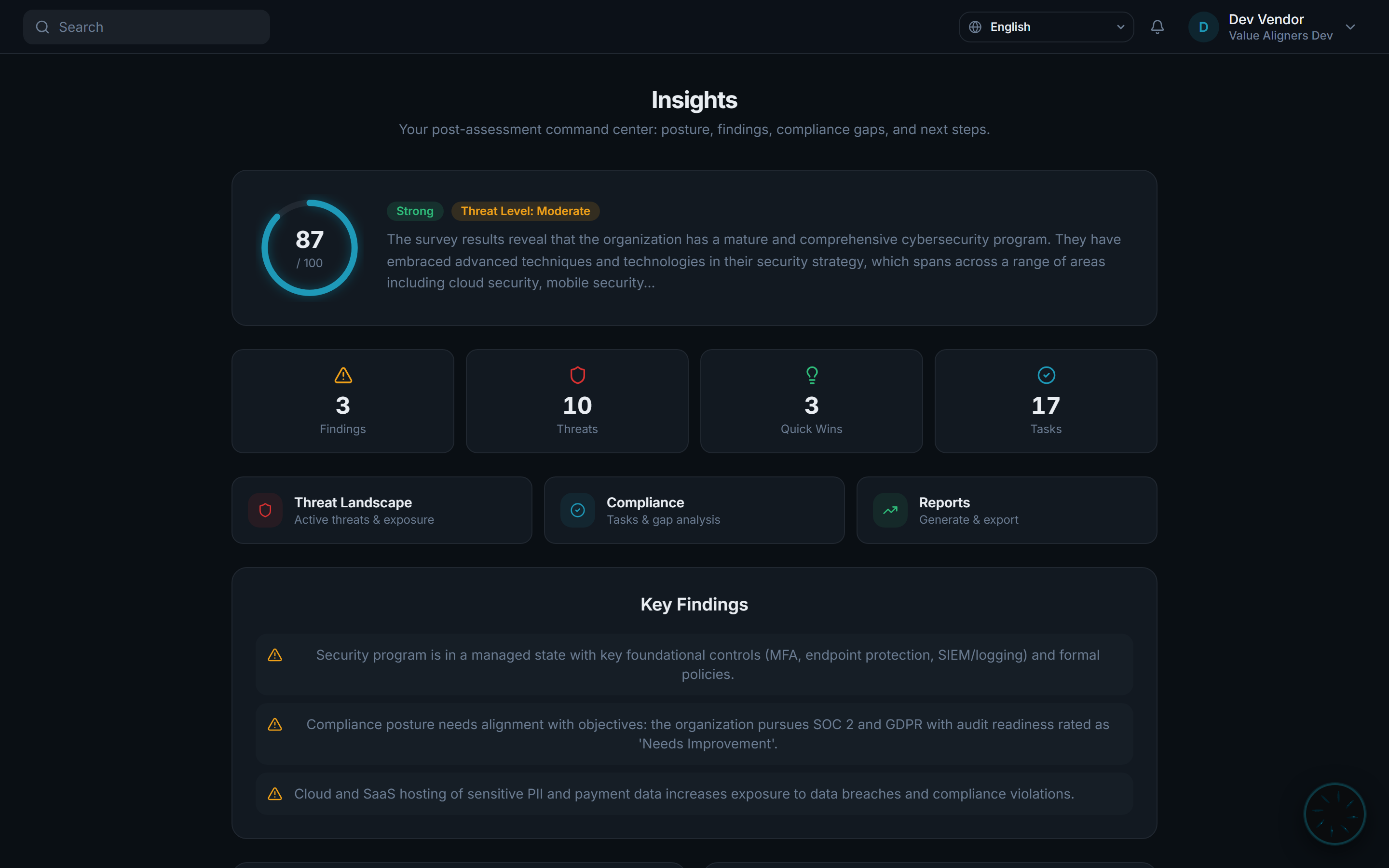 Insights dashboard with security posture score, key findings, and compliance analysis