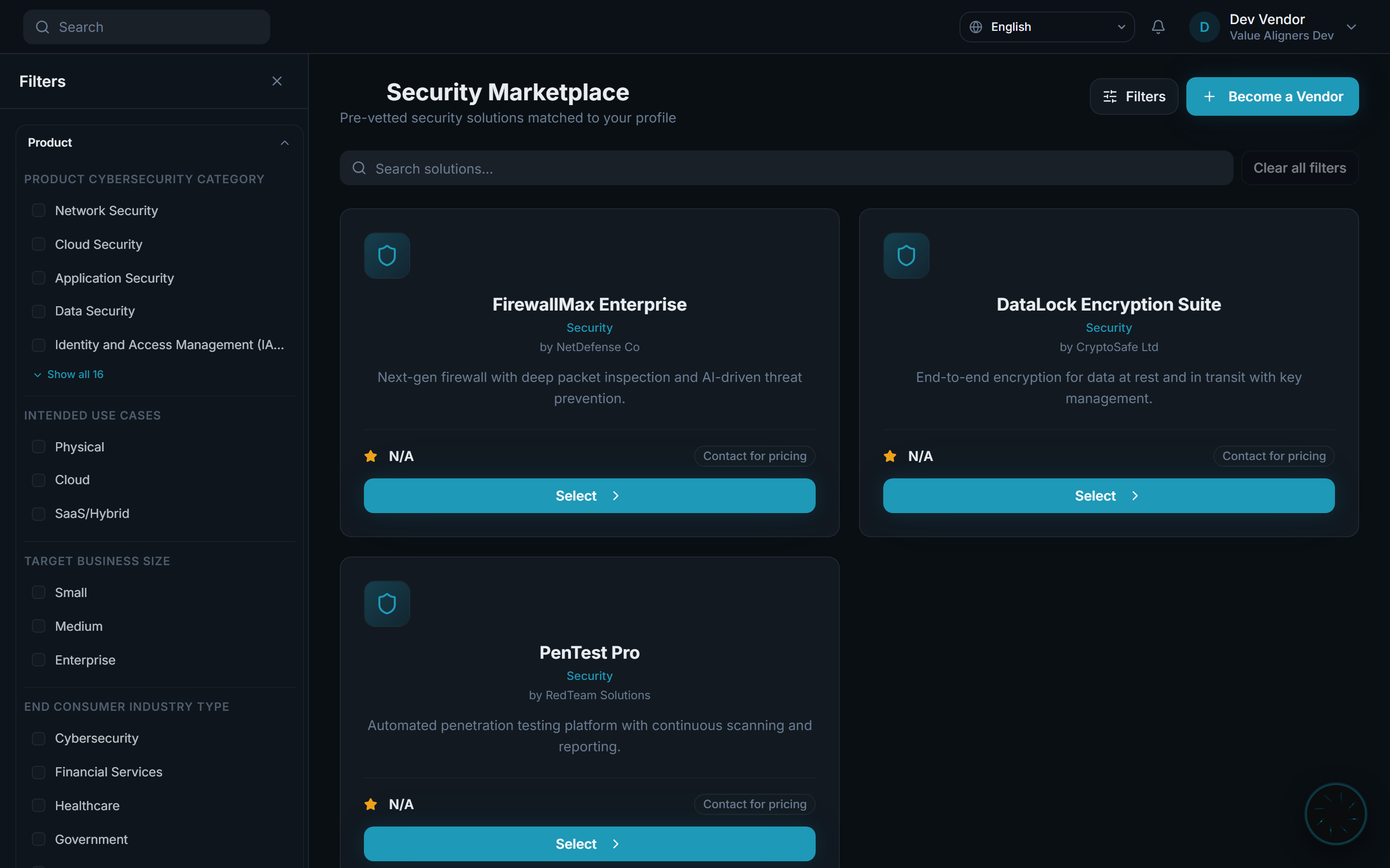 Security Marketplace with vendor product cards, category filters, and solution search